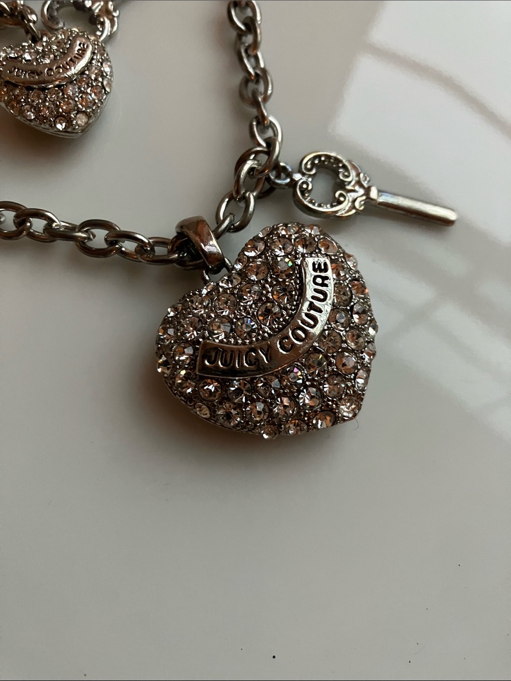 Juicy Couture Rhinestone Puffy Heart Toggle Silver Matching Necklace & Bracelet - Picture 2 of 7